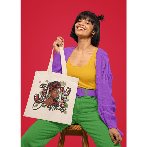Fashion Graphic Print Christmas Joy Melanin Sunglasses Design Trendy Canvas Tote - Picture 1 of 6